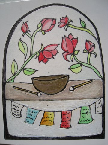 meditation bowl with prayer flags