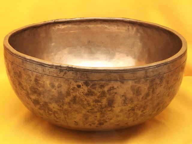 Large Extra Thick Antique Jambati Singing Bowl with a glowing gold interior #1704